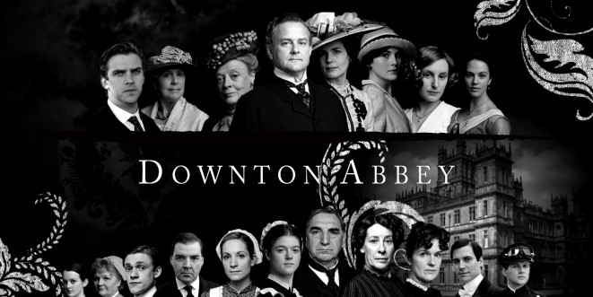 Downton Abbey title card; black and white; with characters' portraits and "Downton Abbey" text