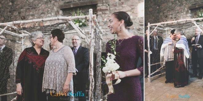 Collage of two Jewish brides getting married underneath a wooden canopy in traditional clothing.