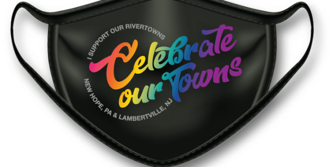 Black face mask with "Celebrate Out Towns" written in rainbow colors in script font.